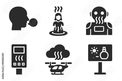 Futuristic Scent Technologies. Solid style icons of futuristic scent use: smell in AI conversations, aroma in holograms,