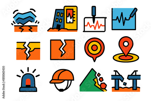 Earthquake Icon Set. Flat vector icons of earthquakes: shaking ground, broken building, Richter scale, seismograph needle, fault
