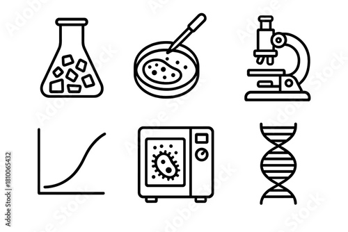 Plastic-Eating Bacteria Icons. Line style icons of lab research on plastic-eating bacteria: lab flask with plastic chips, petri