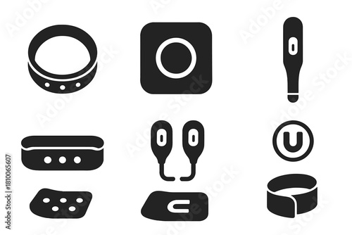 Magnetic Therapy Tools. Solid style icons of magnet application tools: therapy bracelet, magnetic patch, energy wand.