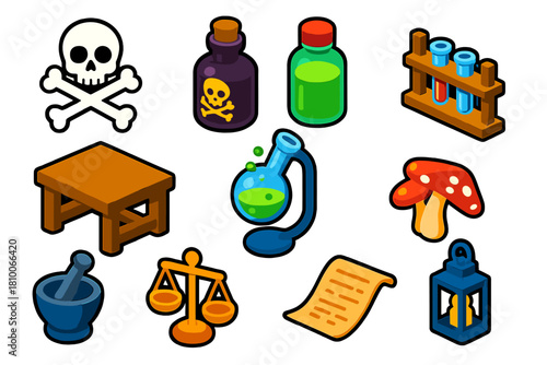 Vintage Toxicology Icons. Isometric vector illustration set Vintage Toxicology: skull and bones icon, poison potion bottle,