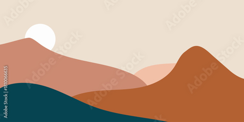 Midcentury boho landscape, minimalist terracotta hills with sun on beige sky vector poster.