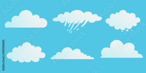 Sky clouds set, friendly flat vector illustrations on blue background. modern cartoon weather icons with raindrops