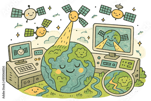 Whimsical Satellite Imagery. Whimsical doodle satellite imagery lab with smiling satellites, cartoon beams scanning Earth,