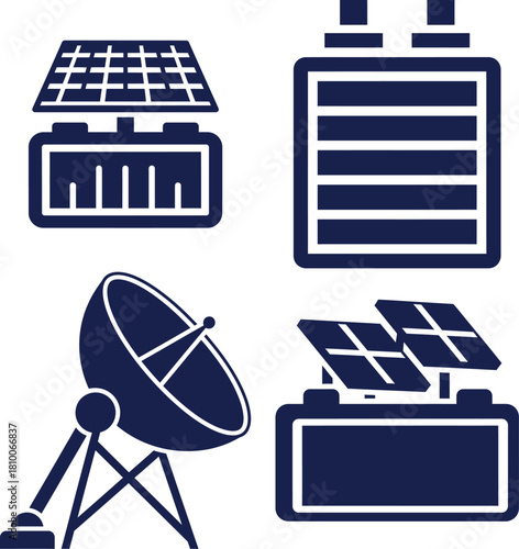 Solar Technology Icons Featuring Satellite Dish and Battery solar panel solar energy