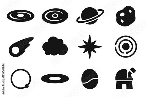 Protoplanetary Systems Icons. Solid style icons of Protoplanetary Systems: accretion disk, protoplanetary disk, orbiting planet,