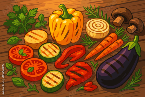 Grilled Vegetable Feast. Rustic wooden table filled with a vibrant assortment of grilled vegetables and herbs, warm natural