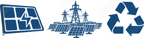 Blue solar panels power lines and recycling symbol graphic energy electricity