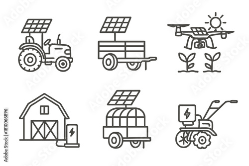 Solar-Powered Farming Icons. Line style icons of solar-powered farming vehicles: solar tractor sketch, harvest cart with panel,