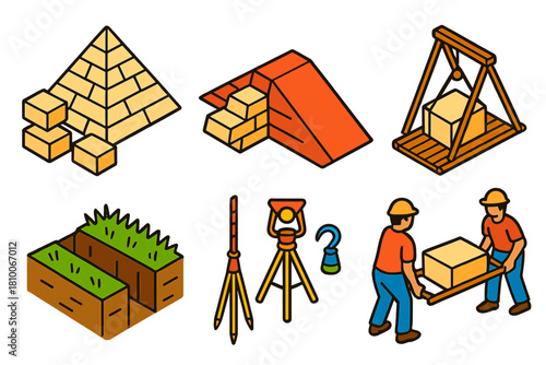 Geotechnical Pyramid Construction. Isometric vector illustration set Geotechnical engineering of pyramids: limestone blocks,