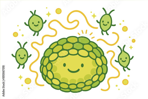 Joyful Light Harvesting. Joyful doodle light-harvesting complex with happy pigments, cartoon energy transfer lines waving,