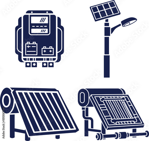Solar Energy Equipment Icons Including Batteries and Water Heater solar panel renewable energy