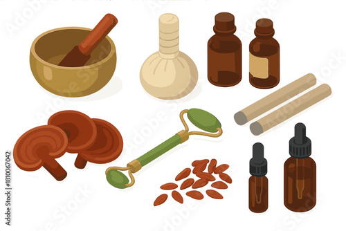Traditional Medicine Essentials. Isometric vector illustration set of Traditional medicine: Tibetan singing bowl, herbal compress