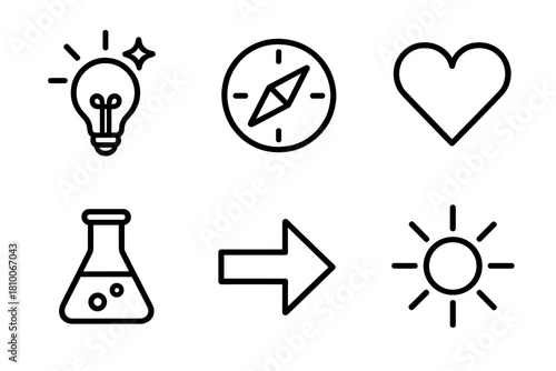 Design Thinking Icons. Line style icons of design thinking mindsets: creativity spark, curiosity compass, human-centered heart,