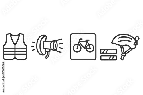 Cyclist Safety Icons. Line style icons of road safety for cyclists: hi-vis vest icon, rear light blinking, front bike light, bike