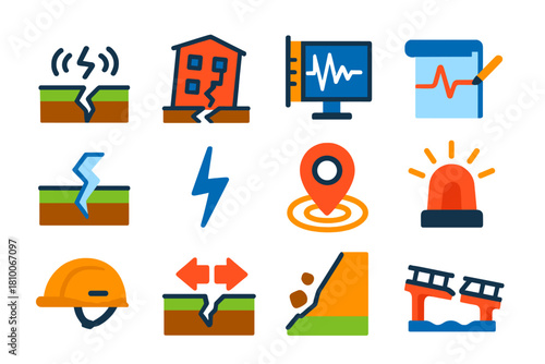 Earthquake Icon Set. Flat vector icons of earthquakes: shaking ground, broken building, Richter scale, seismograph needle, fault