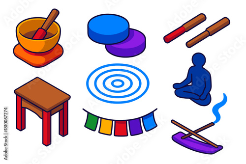 Sound Therapy Icons. Isometric vector illustration set Sound therapy – Tibetan bell set, cushion pads, striker sticks; echo rings,