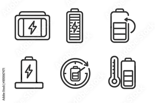 Exoskeleton Power Icons. Line style icons of power and battery for exoskeletons: lithium-ion pack, energy cell unit, quick-swap