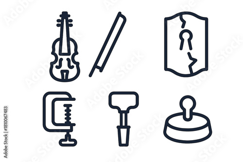 Antique Violin Restoration. Line style icons of Antique Restoration: antique violin, bow string, cracked soundboard, fine clamp,