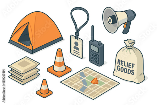 Disaster Relief Essentials. Isometric vector illustration set of Disaster relief: emergency volunteer tent, sealed food packs,