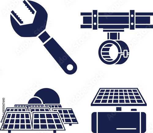 Dark blue icons of wrench solar panels pipe clamp and battery tool plumbing