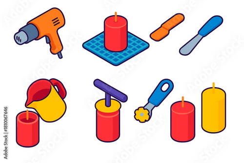 Candle Making Tools. Isometric vector illustration set Candle making – heat gun, silicone mat, smoothing spatula; top-pour