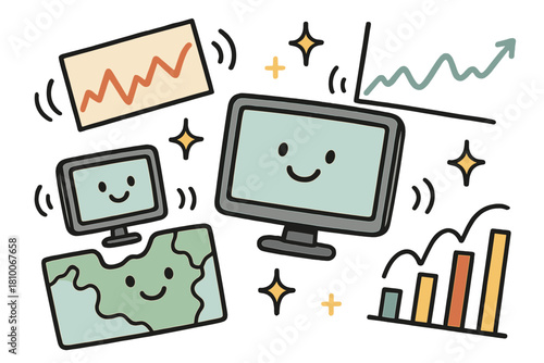 Cheerful Data Doodles. Playful doodle satellite data visualization with smiling screens, cartoon graphs bouncing, cheerful maps