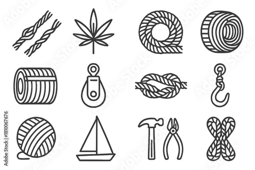 Cordage Craft Icons. Line style icons of Cordage Craft: Twisting Fibers, Hemp, Sailor's Craft, Coil; Rope Spool, Pulley, Knot,