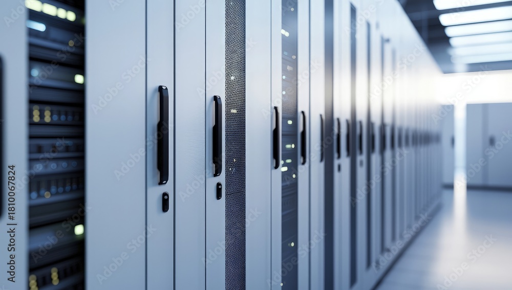 Fototapeta premium Modern data center row with secure server cabinets and soft ambient lighting, ideal for IT infrastructure presentations and digital technology projects
