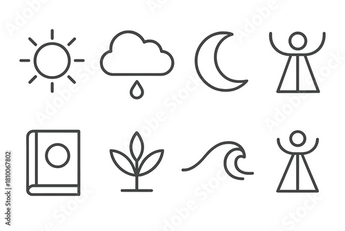 Seasonal Guidance Icons. Line style icons of Seasonal Guidance: Weather Prediction, Planting Calendar, Tide Table, Folk Tradition;