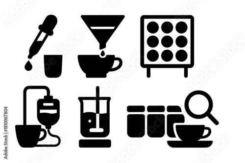 Tea Lab Icons. Solid style icons of tea lab procedures: tea pipette, filtration funnel, liquid sample cup. Cooling rack icon,