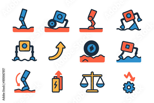 Robot Movement Icons. Flat vector icons of robot and animal movement challenges: sinking foot, sliding wheel, tilted body,