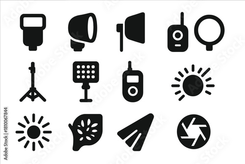 Lighting Technique Icons. Solid style icons of Lighting techniques: flashgun, diffuser, softbox, reflector, light stand, LED panel
