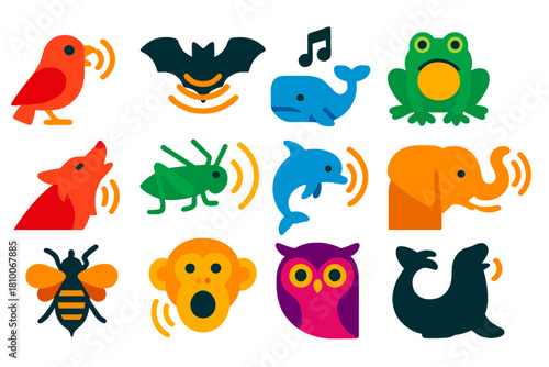 Animal Communication Icons. Flat vector icons of Animal Communication: bird call, bat echolocation, whale song note, frog croak,