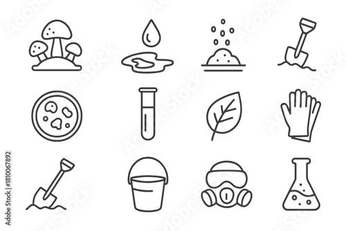 Soil Detox Icons. Line style icons of Soil Detoxification: Fungi, Oil Leak, Toxin Absorption, Land Cleanup; Petri Dish, Test Tube,