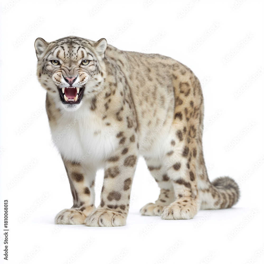 Obraz premium Roaring snow leopard isolated on white background