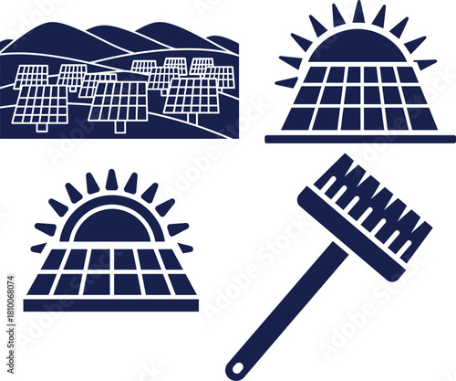 Solar energy icons showing solar farm sun and cleaning brush solar array solar panels