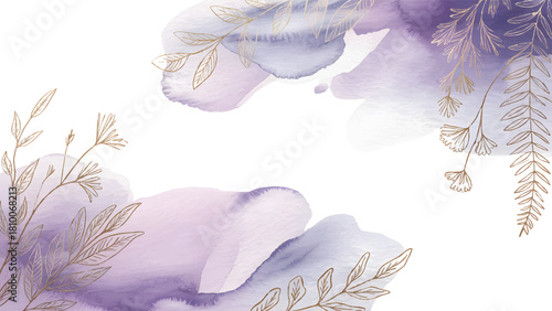 Soft lavender watercolor gold line art frame , Elegant abstract botanical herb background , Pastel purple watercolor splash template , Golden line art leaves corner decoration