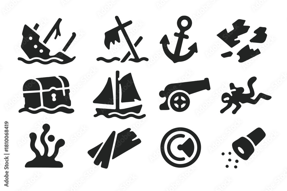 Fototapeta premium Shipwreck Icon Collection. Solid style icons of shipwrecks: sunken ship, broken mast, anchor, hull fragments, treasure chest,