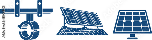 Solar panel icons including a clamp, angled panels, and a single panel solar energy renewable energy