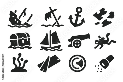 Shipwreck Icon Collection. Solid style icons of shipwrecks: sunken ship, broken mast, anchor, hull fragments, treasure chest,