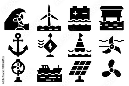 Renewable Ocean Icons. Solid style icons of Renewable Oceans: wave turbine, offshore wind turbine, saltwater battery, floating