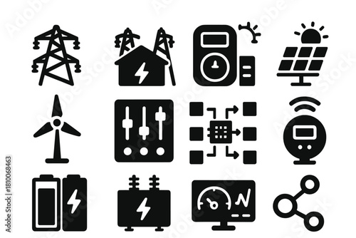 Smart Grid Icons. Solid style icons of smart grids: powerline, substation, energy meter, solar panel, wind turbine, control panel,