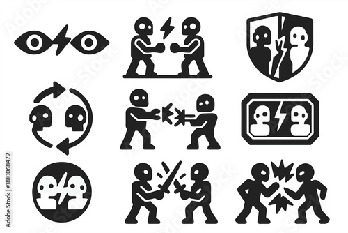 AI Battle Icons. Solid style icons of AI-versus-AI battles: locked eye symbol, mirrored robot pose icon, split arena badge. Dual