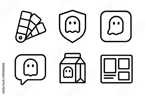 Ghost Kitchen Branding Icons. Line style icons of brand identity for ghost kitchens: color palette swatch, logo icon design,