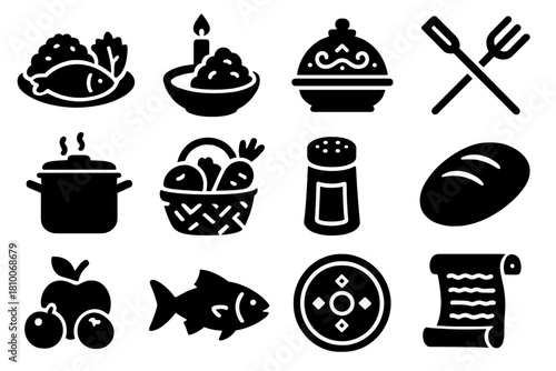 Nutritional Anthropology Icons. Solid style icons of Nutritional Anthropology: traditional meal, ritual food, historical dish,