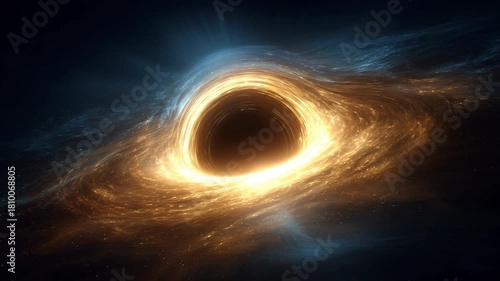 A cosmic black hole in deep space, surrounded by flowing streams of light that move and rotate gracefully around it