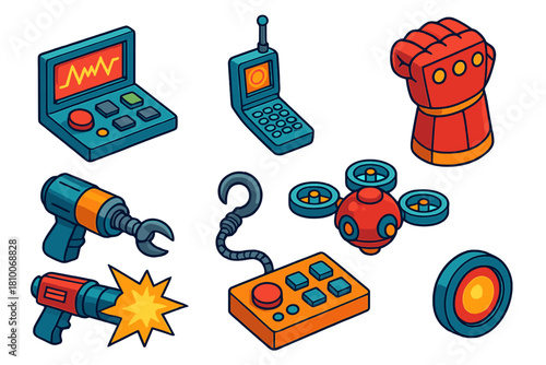 Comic Gadgets Illustrated. Isometric vector illustration set Comic book elements – gadget panel, communicator device, power