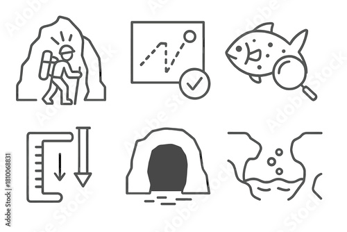 Exploration Milestone Icons. Line style icons of exploration milestones: reached new chamber, mapped section complete, species