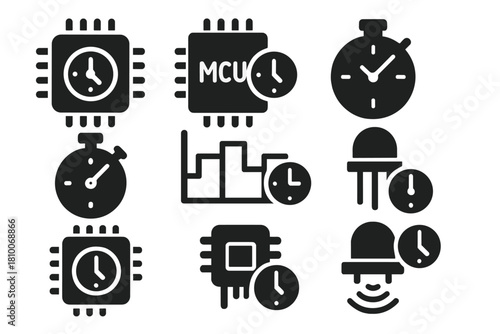 Embedded System Icons. Solid style icons of embedded systems and time control: embedded chip with clock, MCU timing icon,